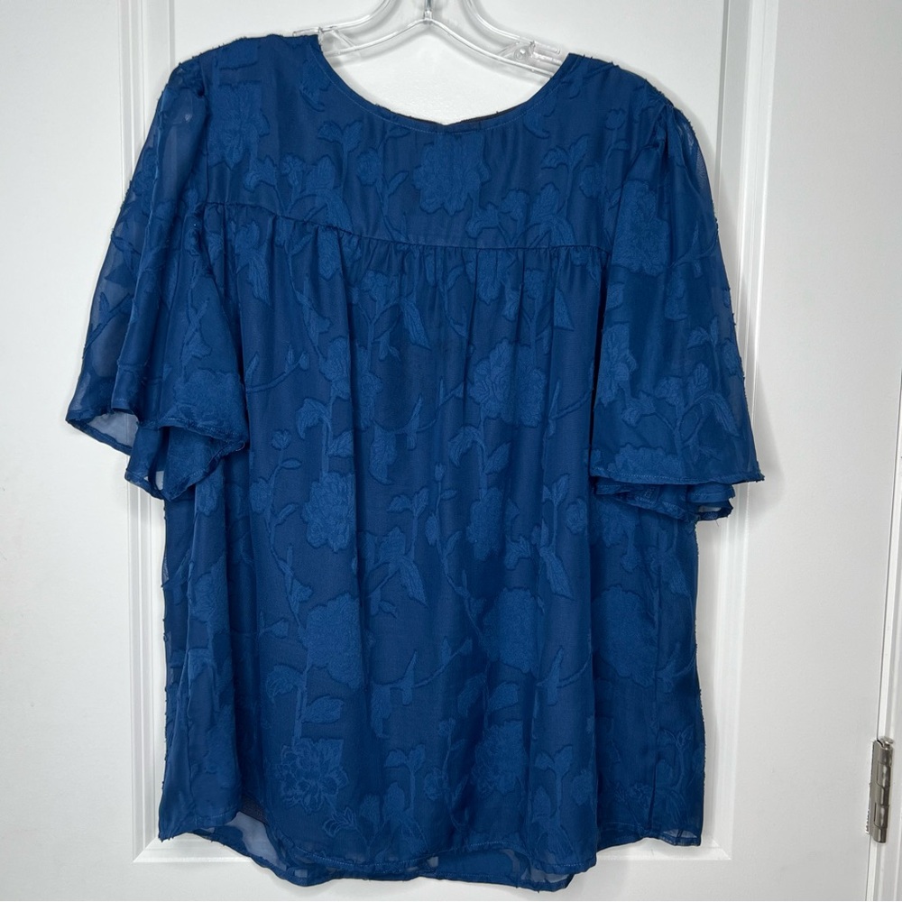 Elegant Blue Floral Women's Top Sz Medium Lined Oversized